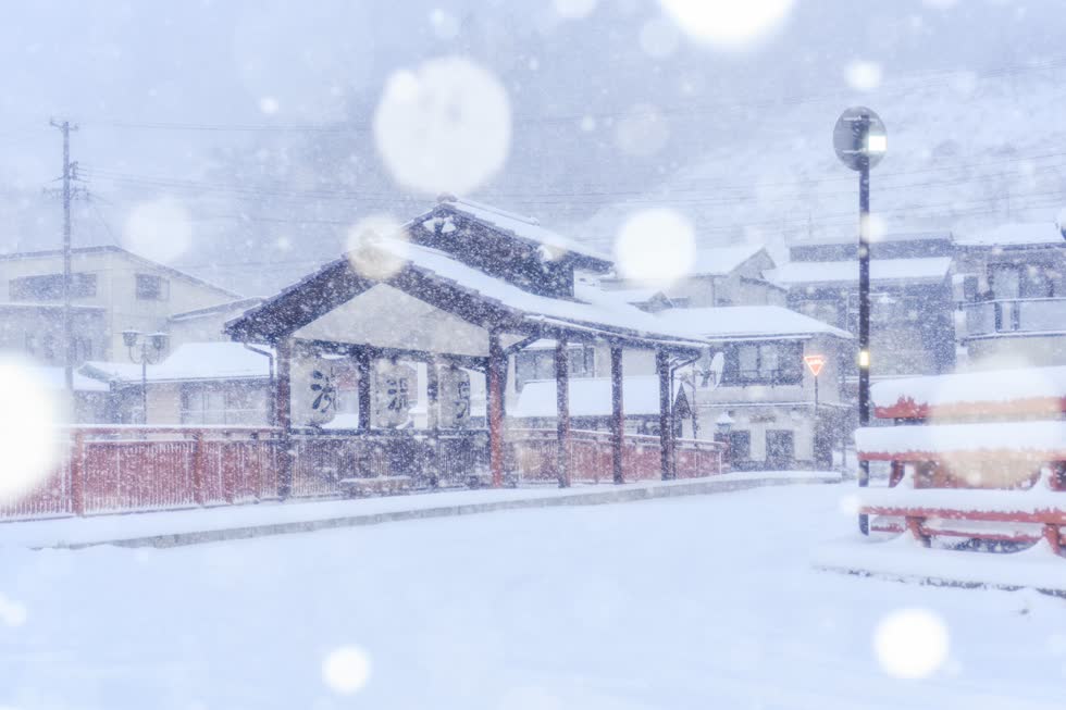 Bông tuyết tạo hiệu ứng lấp lánh lên những ngôi đền cổ Nhật Bản. 