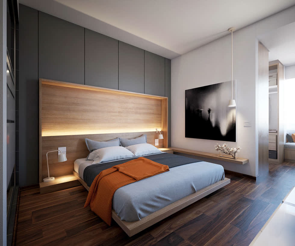   Ánh đèn LED dịu nhẹ và ấm áp góp phần tạo nên phông nền tổng thể đẹp mắt cho phòng ngủ phong cách tối giản, hiện đại.  