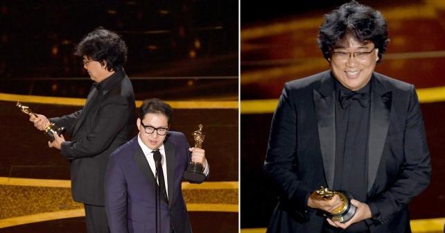 Bong Joon Ho mìm cười khi cầm bức tượng vàng trên tay trên sân khấu lễ trao giải Oscar 2020. 