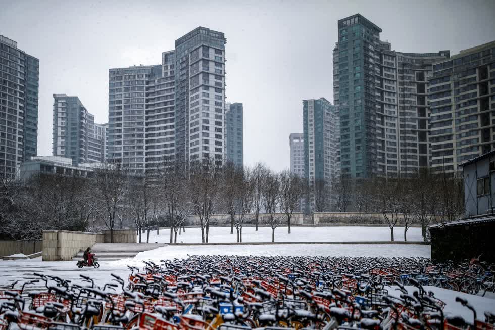   Tại thủ đô Bắc Kinh, thành phố 22 triệu dân trong những ngày này người dân cũng không tấp nập trên đường phố như thường lệ. Các bãi đỗ xe đạp phủ đầy tuyết đã lâu không sử dụng, không một bóng người.  