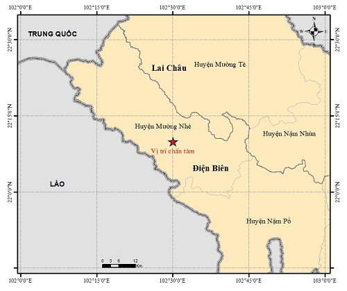 Vị trí xảy ra động đất tại Lai Châu.