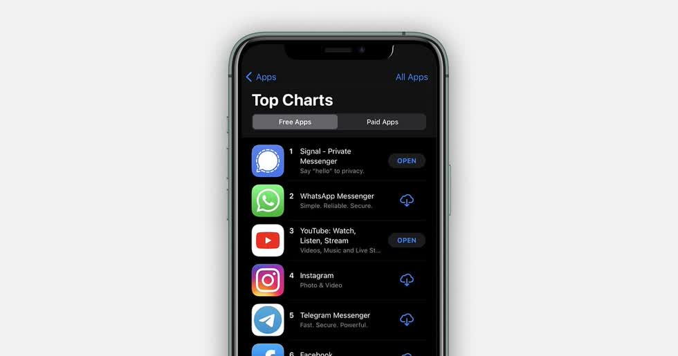 Ứng dụng tin nhắn Signal đứng đầu danh mục App Store.