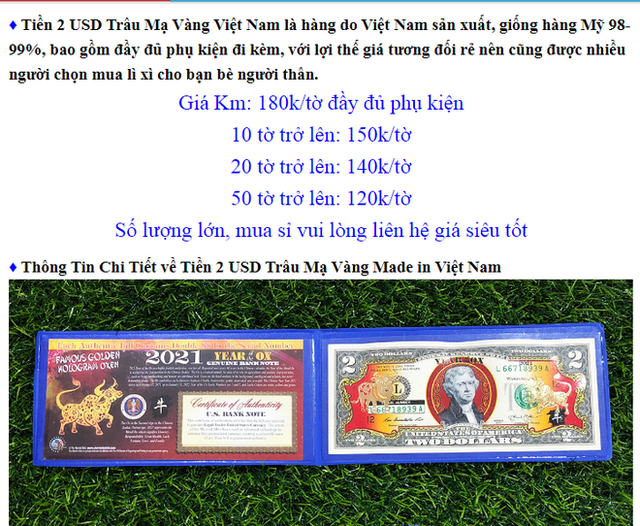 Tờ 2 USD in hình con trâu được quảng cáo do Việt Nam sản xuất. Ảnh chụp màn hình.