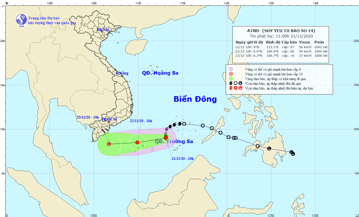 Sáng nay, bão số 14 suy yếu thành áp thấp nhiệt đới, dự báo trong 24 giờ tới,di chuyển theo hướng Tây Tây Nam, mỗi giờ đi được 10-15km. (Nguồn: nchmf.gov.vn) 
