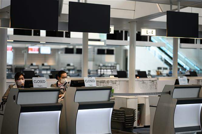 Quầy check-in tại sân bay Haneda ở Tokyo, Nhật Bản dừng phục vụ hành khách do dịch COVID-19 bùng phát. Ảnh: AFP