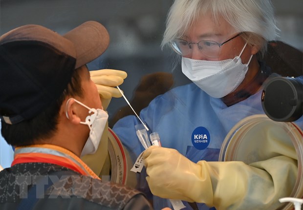  Nhân viên y tế lấy mẫu xét nghiệm  COVID-19  tại cơ sở xét nghiệm tạm thời ở Seoul, Hàn Quốc. Ảnh: AFP