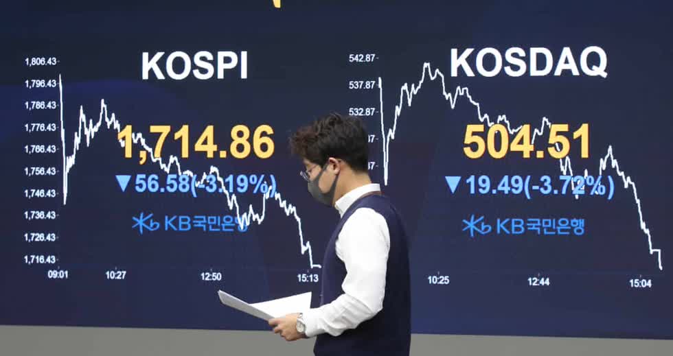 Một bảng hiệu điện tử cho thấy chỉ số giá chứng khoán tổng hợp Hàn Quốc (KOSPI) tại Seoul ngày hôm nay. Ảnh: YONHAP 
