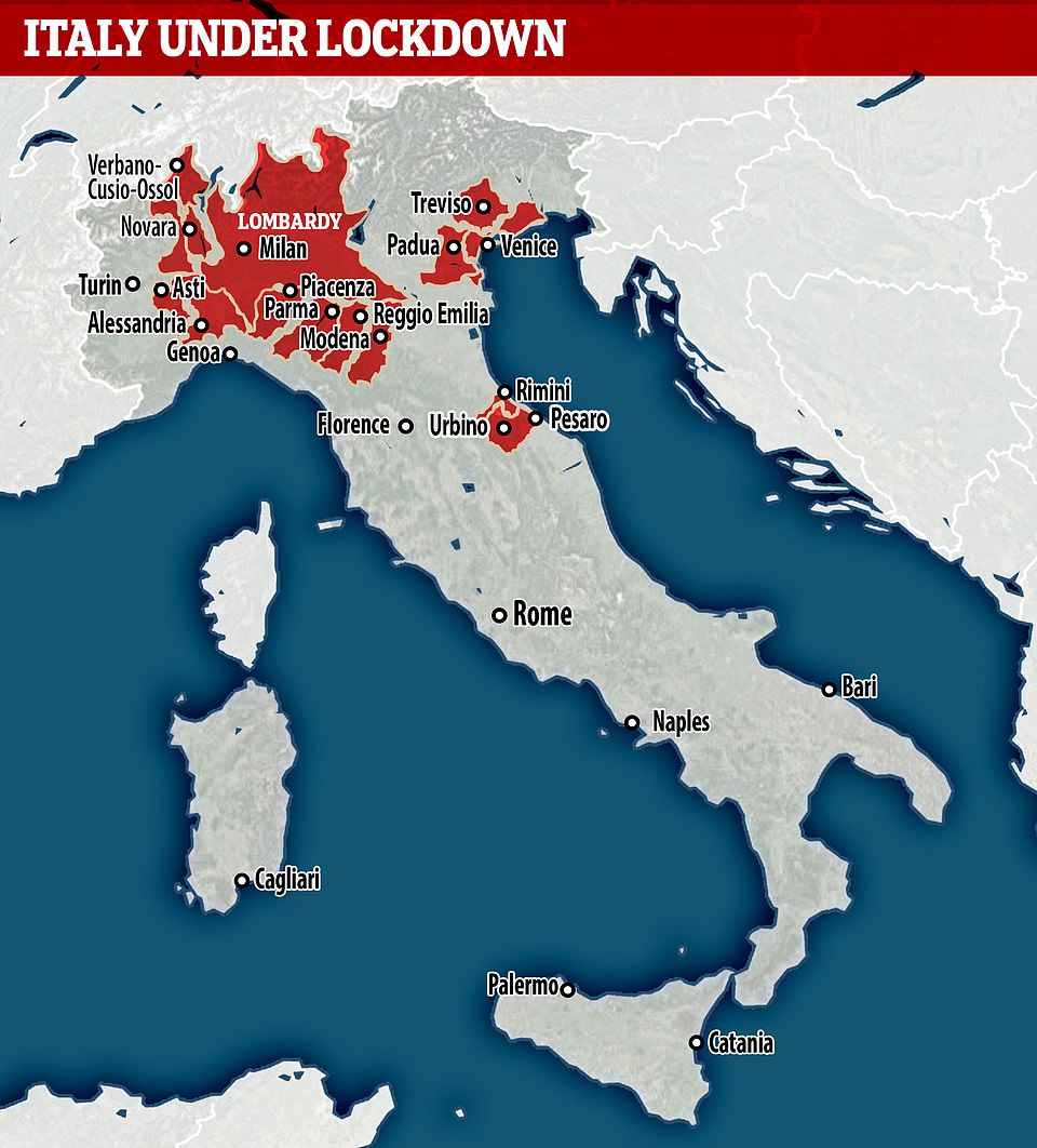 Bản đồ cho thấy các phần của Italy đã bị phong tỏa trong các biện pháp mới quyết liệt để khắc phục COVID-19.