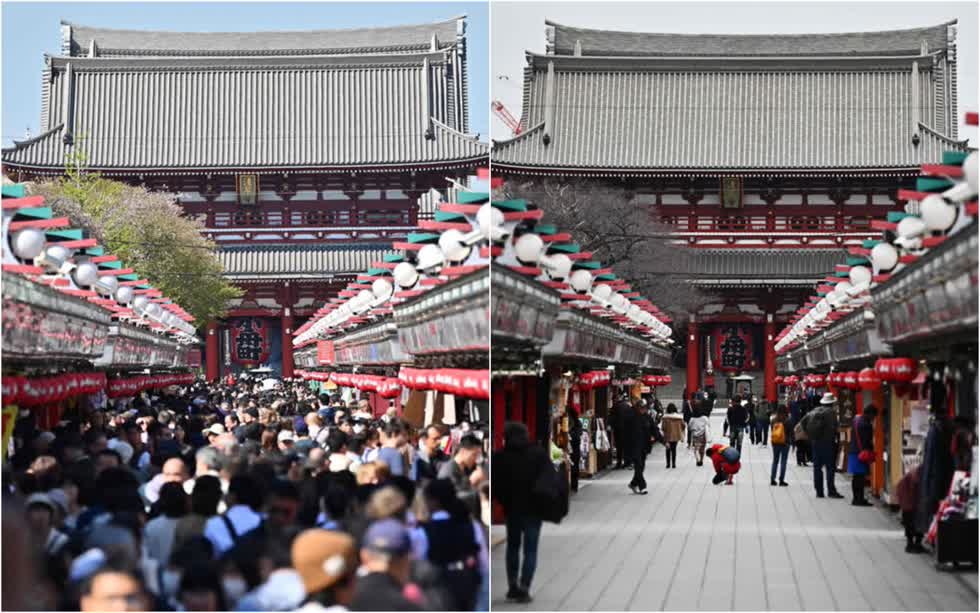   Đền Sensō-ji ở quận Asakusa của Tokyo, Nhật Bản. Ảnh chụp ngày 16/4/2019 (ảnh trái) và ngày 9/3/2020 (ảnh phải).    