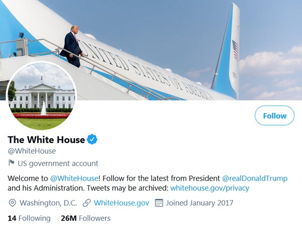 Tài khoản Twitter của Nhà Trắng. Ảnh: Twitter.
