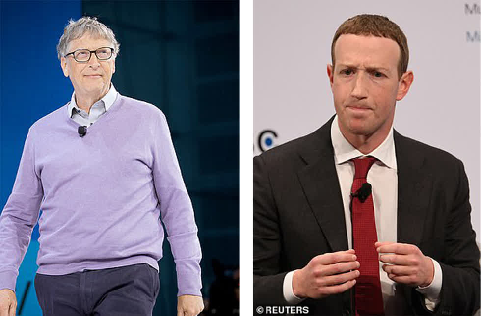   Ông chủ của Microsoft, Bill Gates, người giàu thứ hai trên thế giới, (trái) đã chứng kiến khối tài sản ​​18 tỷ USD của mình bị thổi bay kể từ ngày 24/3/2019 và Mark Zuckerberg (phải) của Facebook đã 