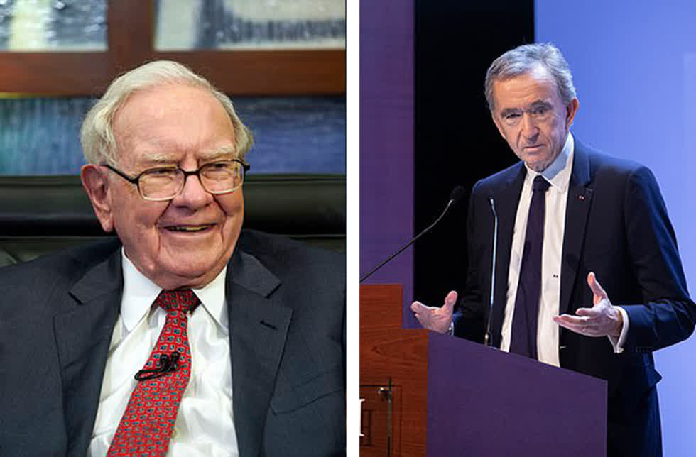  Nhà đầu tư người Mỹ Warren Buffet (trái) đã mất 19,1 tỷ USD. Trong số 10 người đứng đầu, ông chủ LVMH, Bernard Arnault (phải) đã gây được tiếng vang lớn nhất, tài sản của ông đã sụt tới 35,2 tỷ USD do dịch bệnh bùng phát ảnh hưởng tới nhu cầu hàng xa xỉ. 