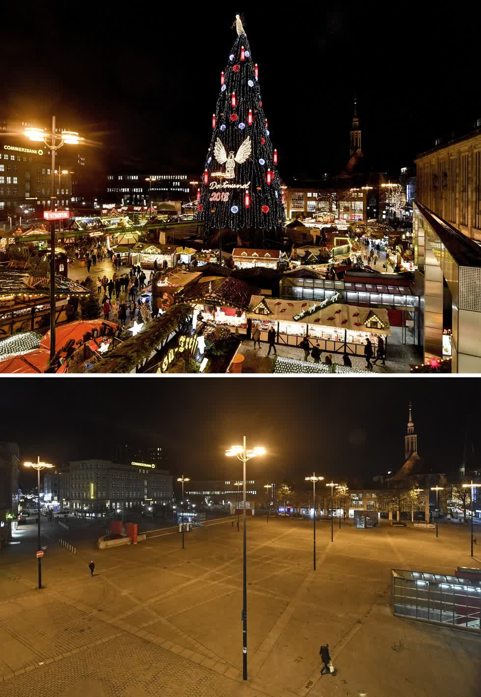 Phía trên là khu chợ Dortmund, Đức được chụp vào ngày 17/12/2018 và quảng trường vào ngày 23/11/2020. Ảnh:  AP