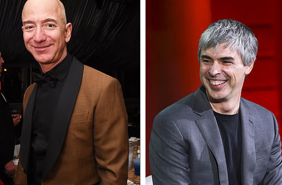   Larry Page (phải), CEO và đồng sáng lập của Alphabet, đã giảm 9,33 tỷ USD. Ông chủ của Amazon, Jeff Bezos (trái) Jess Beroz, người giàu nhất thế giới, là trường hợp hiếm hoi tăng tài sản được 4,52 tỉ USD.