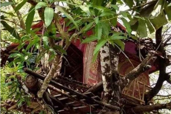 Nơi cách ly của người đàn ông Myanmar, hàng ngày, người thân mang thức ăn và nước đến rồi để lại dưới gốc cây. Ảnh: BangkokPost.