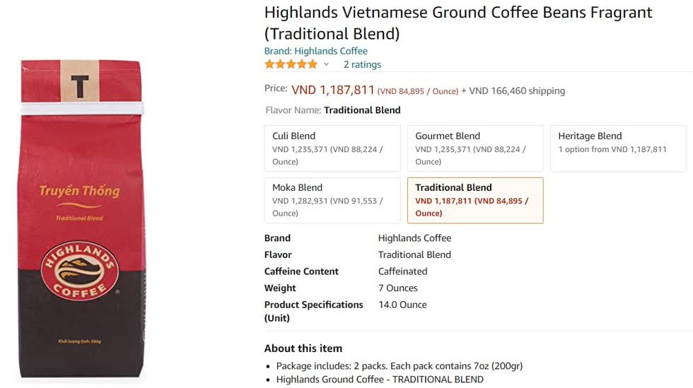 Hightlands cũng có giá niêm yết rất cao so với ở Việt Nam. Hầu hết các thương hiệu cà phê lớn xuất hiện trên Amazon được đầu tư về mẫu mã bao bì hơn. Ảnh: Chụp màn hình.
