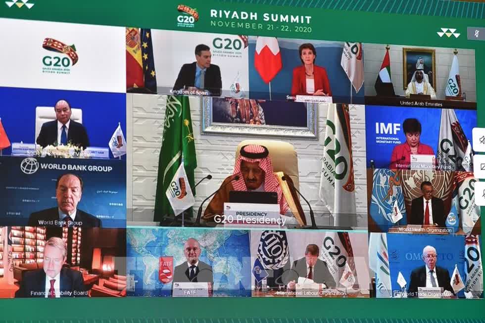 Các nhà lãnh đạo tại Hội nghị thượng đỉnh G20, được tổ chức theo hình thức trực tuyến, ngày 21/11/2020. Ảnh: AFP/TTXVN 
