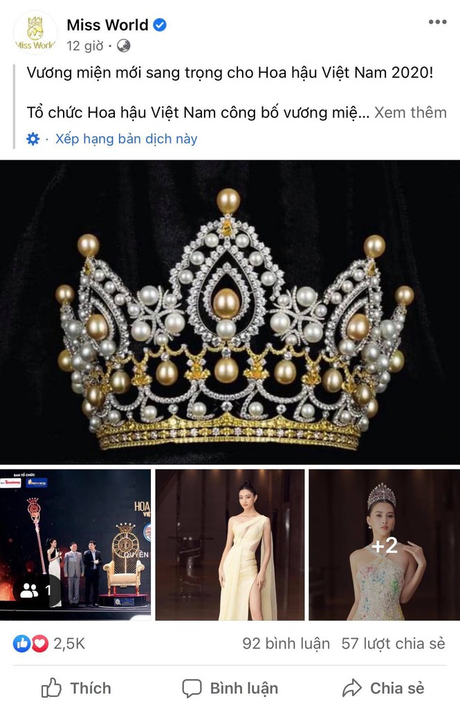 Vương miện của  Hoa hậu Việt Nam 2020  xuất hiện trên trang chủ Miss World. 