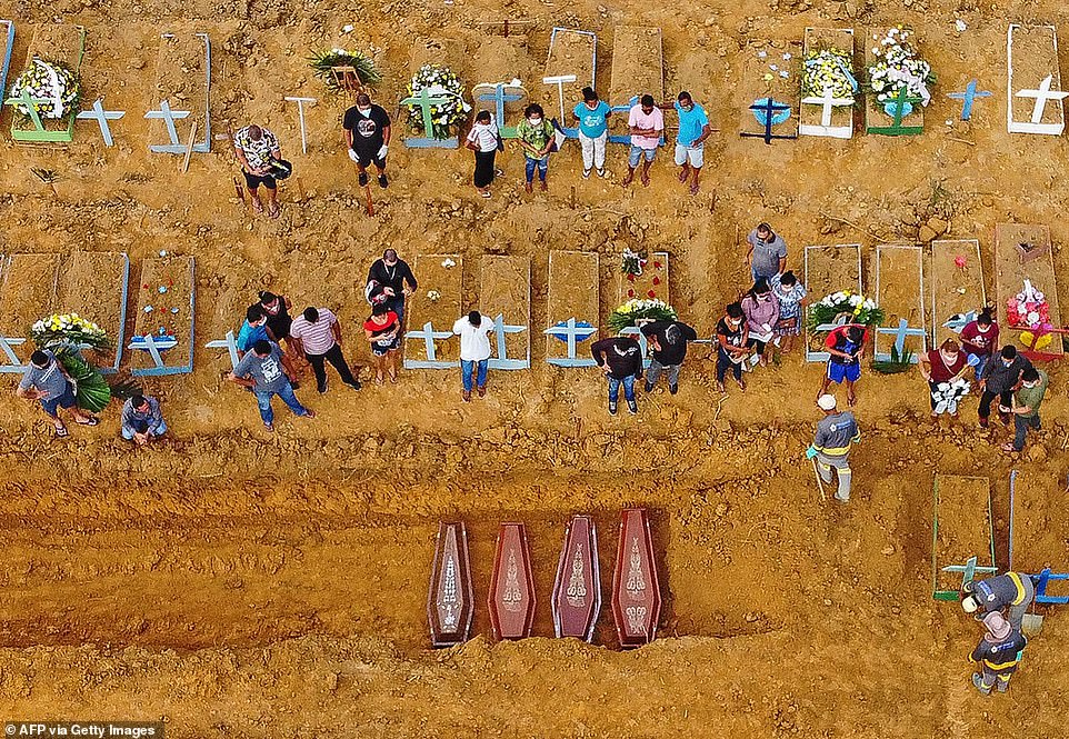 Bức ảnh chụp từ trên không này cho thấy một vụ chôn cất đang diễn ra tại một khu vực nơi những ngôi mộ mới đã được đào lên tại nghĩa trang Nossa Senhora Aparecida ở Manaus, trong rừng Amazon ở Brazil. Ảnh: AFP