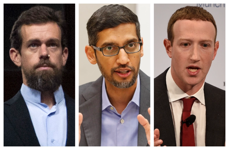 Từ trái qua phải, CEO của Twitter - Jack Dorsey, CEO của Google - Sundar Pichai và CEO của Facebook - Mark Zuckerberg đã làm chứng trước Ủy ban Thương mại Thượng viện tuần trước. Ảnh AP