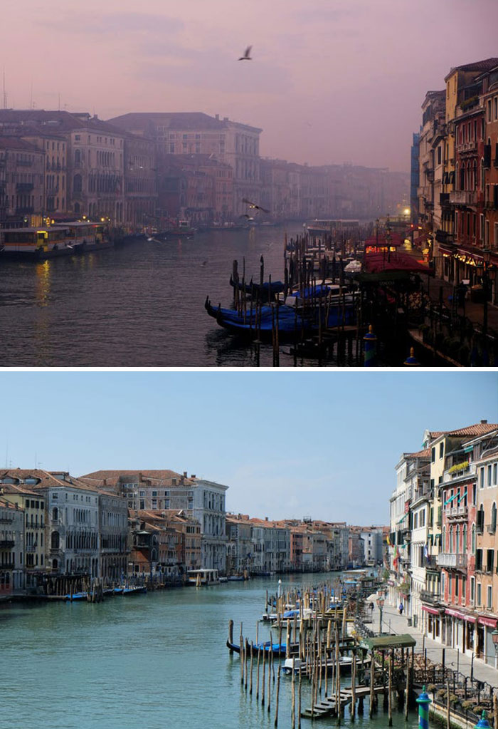Kênh đào Grand ở Venice, Ý được nhìn thấy ở đây trong hình vào ngày 6/1/2018 (ảnh trên). Nhưng sau khi phong tỏa, những bức ảnh mới nổi lên những con kênh trông rất rõ ràng. Thị trưởng thành phố nói với CNN rằng điều này là do 