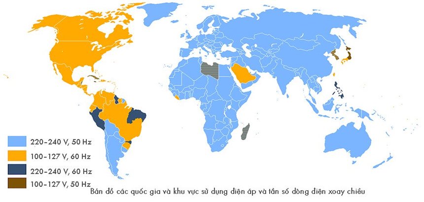 Tình hình sử dụng điện áp giữa các quốc gia trên thế giới.