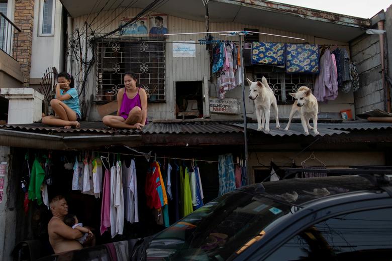   Các cô gái đi chơi với những con chó của họ trên mái nhà khi chính phủ Philippines thực hiện cách ly xã hội. Ảnh: REUTERS  