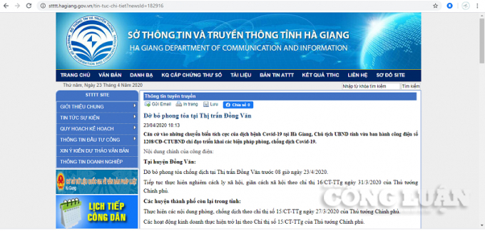 Thông tin dỡ bỏ phong tỏa Thị trấn Đồng Văn được đăng tải trên Website của Sở thông tin và Truyền thông tỉnh Hà Giang. Ảnh chụp màn hình.