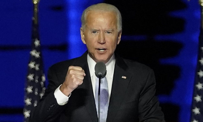 Tổng thống đắc cử Mỹ Joe Biden phát biểu chiến thắng tại Wilmington, Delaware hôm 7/11. Ảnh: AFP.