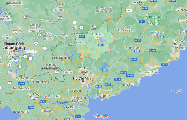 Vị trí tỉnh Bình Phước (trong vòng tròn màu đỏ). Ảnh: Google Maps.