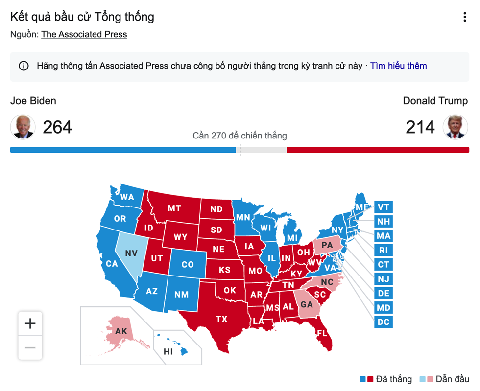 Kết quả kiểm phiếu bầu cử vào tối 5/11 theo giờ Mỹ. Nguồn: Google, AP