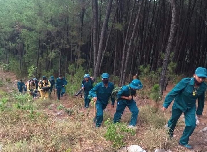 Lực lượng chức năng được huy động đến dập tắt đám cháy để cứu rừng.
