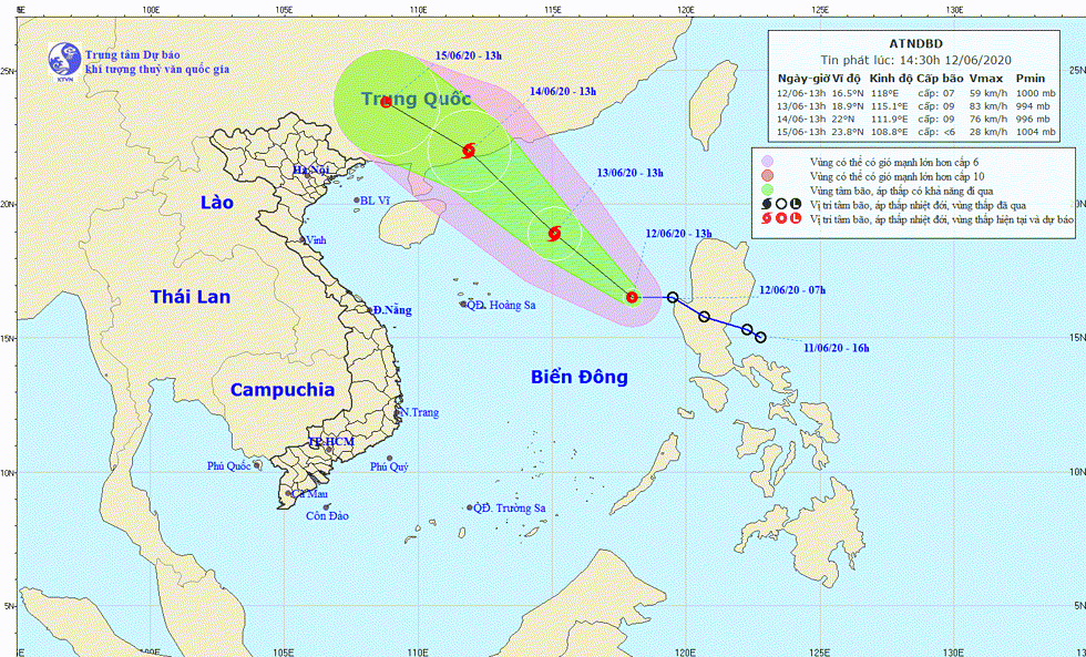 Hướng di chuyển của áp thấp nhiệt đới trên Biển Đông. Nguồn: TTKTTV