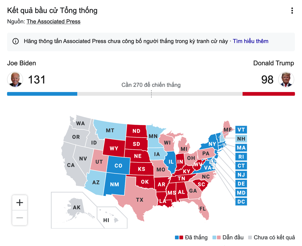 Kết quả  bầu cử tổng thống Mỹ  cập nhật vào cuối buổi sáng 4/11 theo giờ Việt Nam. Nguồn: Google
