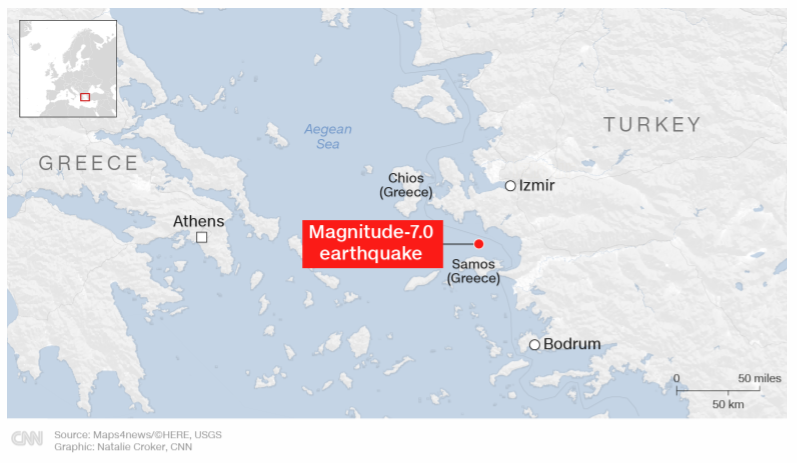 Vụ  động đất  có độ lớn 7,0 làm rung chuyển ngoài khơi Thổ Nhĩ Kỳ, tổng cộng có 196 dư chấn đã được ghi nhận, 23 trong số đó có cường độ trên 4,0 độ richter.
