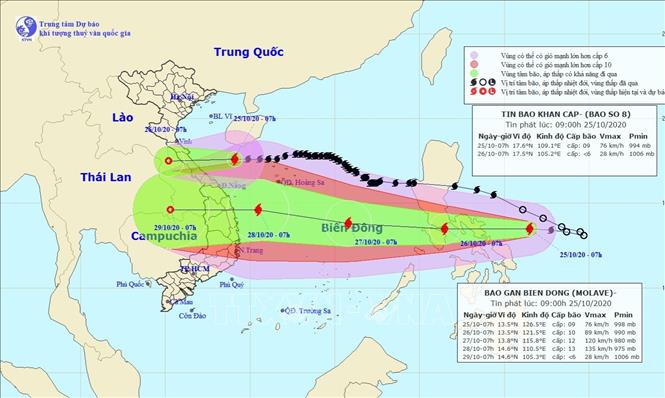   Bản đồ đường đi của bão số 8 và bão số 9 (bão Molave). Ảnh: TTXVN phát.  