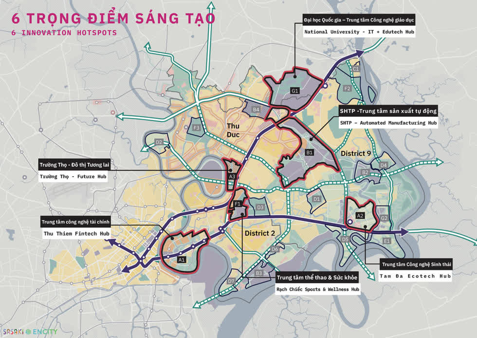 Bản đồ quy hoạch 6 trọng điểm sáng tạo của thành phố Thủ Đức. Đồ hoạ: Sasaki Encity