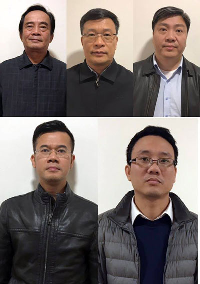 Các bị can, từ trái qua: Đoàn Ánh Sáng, Ngô Duy Chính, Nguyễn Xuân Giáp (hàng trên) và Phạm Hồng Quang, Đặng Thanh Nam (hàng dưới).