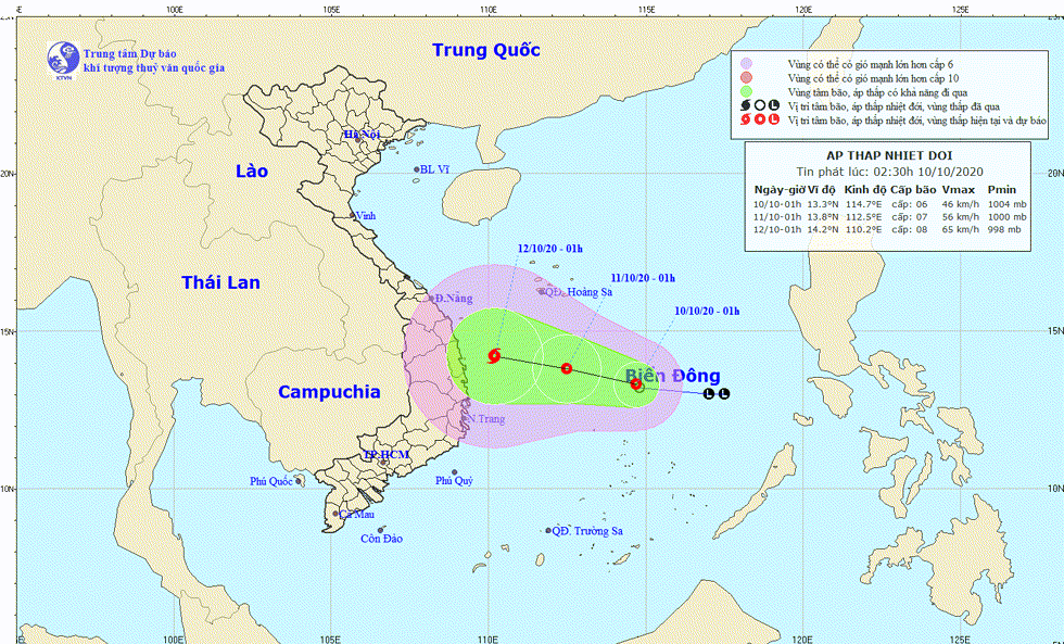 Dự báo hướng di chuyển của áp thấp nhiệt đới trên Biển Đông. Ảnh: NCHMF.