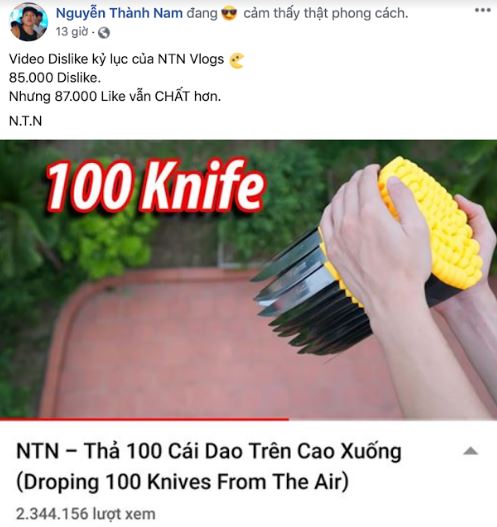 Video “Thả 100 con dao từ trên cao xuống” của NTN Vlog bị phản ứng dữ dội ngay khi ra mắt. Ảnh chụp màn hình.