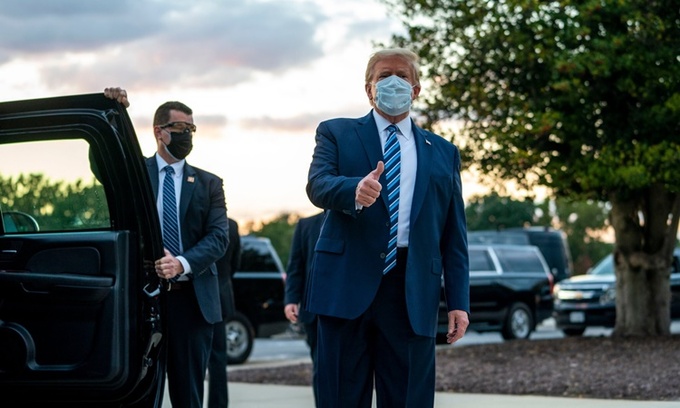 Tổng thống Trump trước khi rời Trung tâm Quân y Quốc gia Walter Reed. Ảnh: NYTimes.