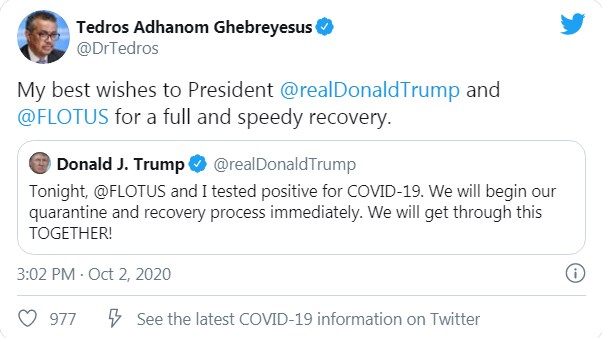 Dòng tweet của ông Tedros Adhanom Ghebreyeusus, Giám đốc WHO.