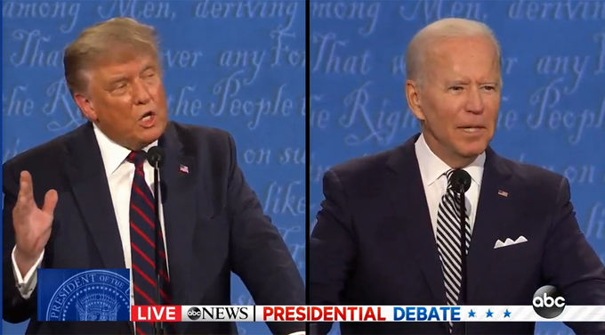 Trump (trái) và Biden tranh luận. Ảnh chụp màn hình kênh ABC News.