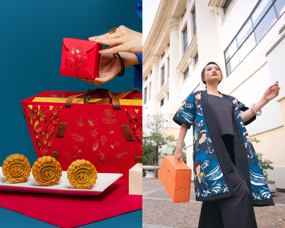 Vỏ hộp bánh trung thu của Hilton Hanoi Opera cùng ngôn ngữ thiết kế là túi xách thời trang, bên trái là mẫu năm 2020, bên phải là mẫu năm 2019. Ảnh: Hilton Hanoi Opera