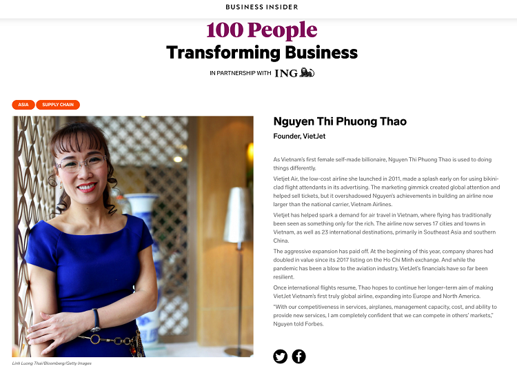 CEO Vietjet Nguyễn Thị Phương Thảo lọt top 100 nhân vật thay đổi kinh tế Châu Á