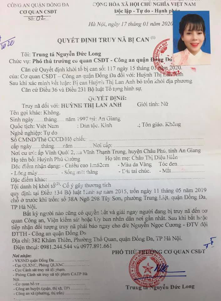  Văn bản quyết định  truy nã   đối tượng Huỳnh Thị Lan Anh .