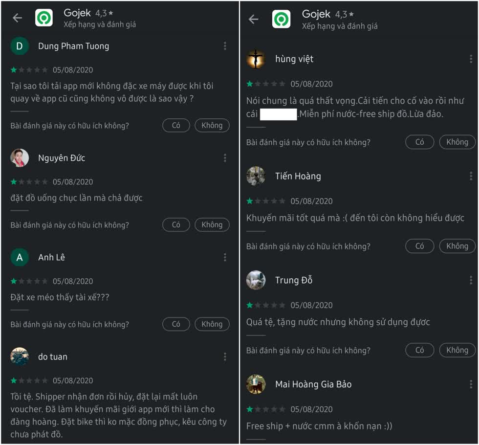 Gojek nhận bão 1 sao trên CH Play. Ảnh chụp màn hình