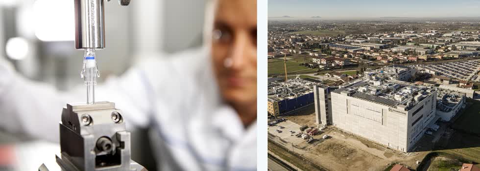   Ảnh trái - Một chiếc máy tại nhà máy của Tập đoàn Stevanato. Ảnh phải - Trụ sở chính của Tập đoàn Stevanato tại Piombino Dese, Italy. Ảnh: Stevanato