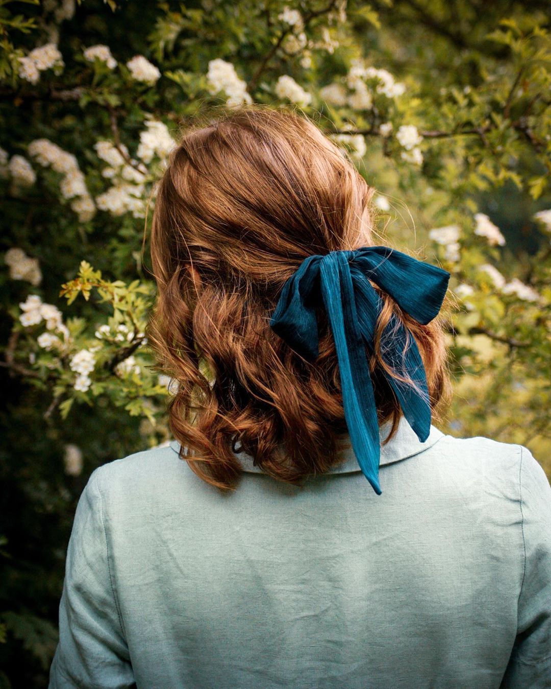 Ruy băng vải buộc tóc màu xanh phong cách thời trang Cottagecore