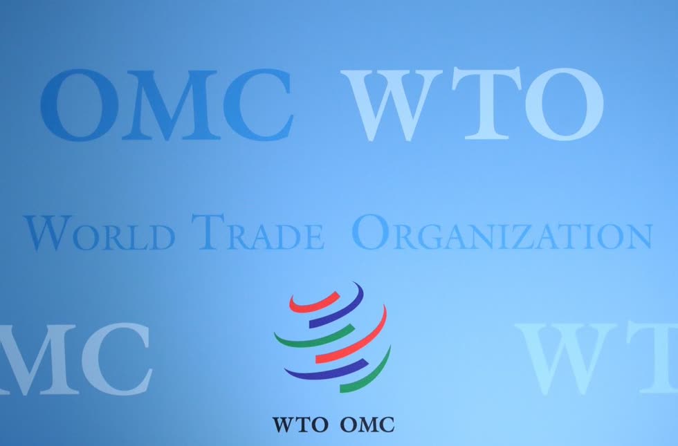   Logo của Tổ chức Thương mại Thế giới (WTO) được vẽ sau cuộc họp của Đại hội đồng tại Geneva, Thụy Sĩ, ngày 23/7/2020. Ảnh: Reuters.  